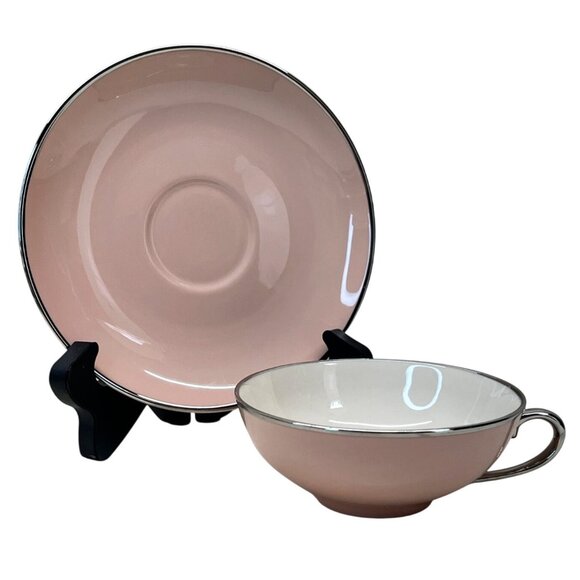 6 Gladding McBean Franciscan China Magnolia Pink Platinum Trim Cups & Saucers - Picture 2 of 11